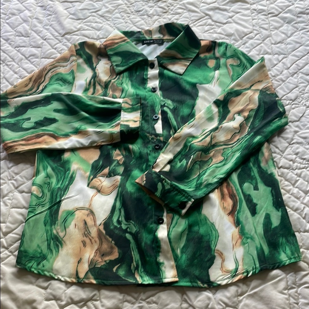 Wild Green and Beige Abstract Print LS Shirt